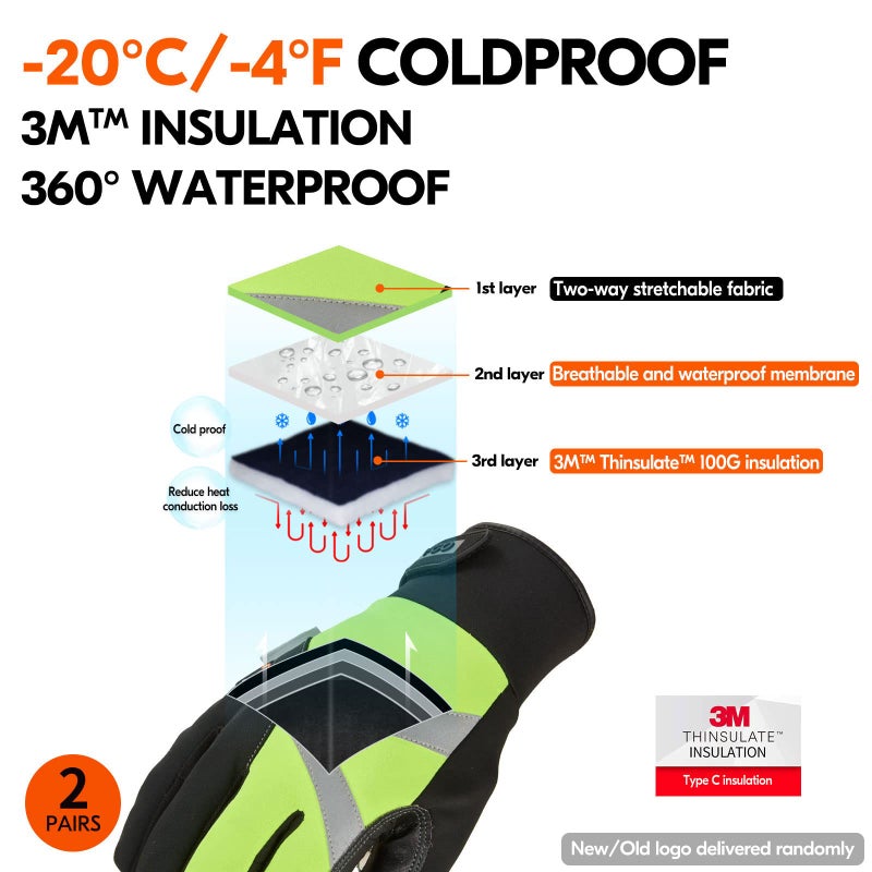 Vgo... 2-Pairs -4â„‰ or above 3M Thinsulate C100 Lined High Dexterity Touchscreen Synthetic Leather Winter Warm Work Gloves, Waterproof Insert (Size XL, Black, Fluorescent Green, SL8777FW) - Image 2